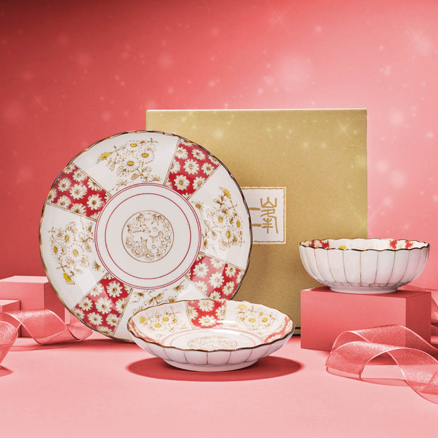 Elegant Japanese Chrysanthemum Tableware (3-Piece Set)