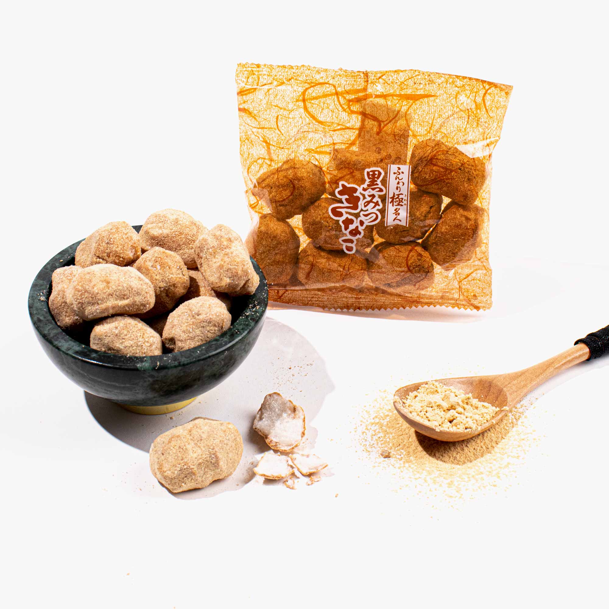 Funwari Meijin Japanese Mochi Puffs: Kinako Black Syrup | Bokksu
